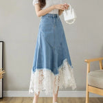 Load image into Gallery viewer, Harajuku Lace Patchwork Denim Skirt Woman Korean High Waist Blue Midi Skirts Women Summer Fashion Plus Sized 3Xl A-Line Skirt  Amaijoin
