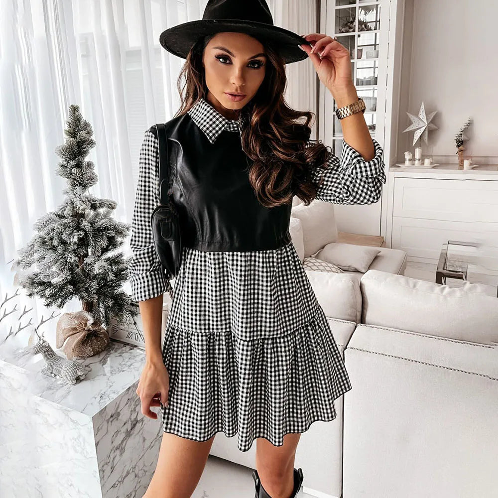 Casual Long Sleeve Mini Shirt Dress For Women White 2024 Spring PU Leather Patchwork Plaid Woman Dresses Clothing Femme Robe  Amaijoin