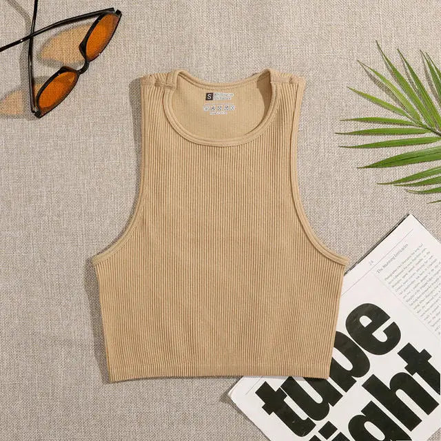 Crop Top Women Solid Basic T-shirts Vest Seamless Streetwear Elastic Rib-Knit Sleeveless Casual Tank Tops Female  Amaijoin