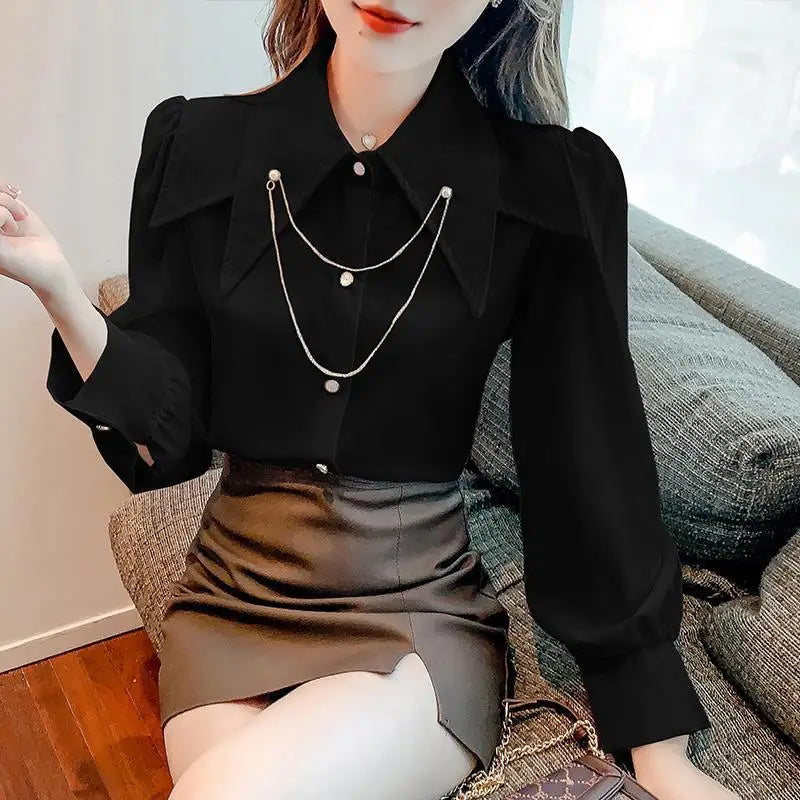 Doll Pointed Neck Turn Down Collar Bubble Long Sleeve Loose Top Chain Casual Shirt And Blouses OL Woman French Elegant 2024Trend  Amaijoin