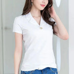 Load image into Gallery viewer, Black Polo Neck Shirt Clothes Women&#39;s T Shirts Top Plain Short Sleeve White Tee Korean Style Offer Free Shipping Polyester Trend  Amaijoin
