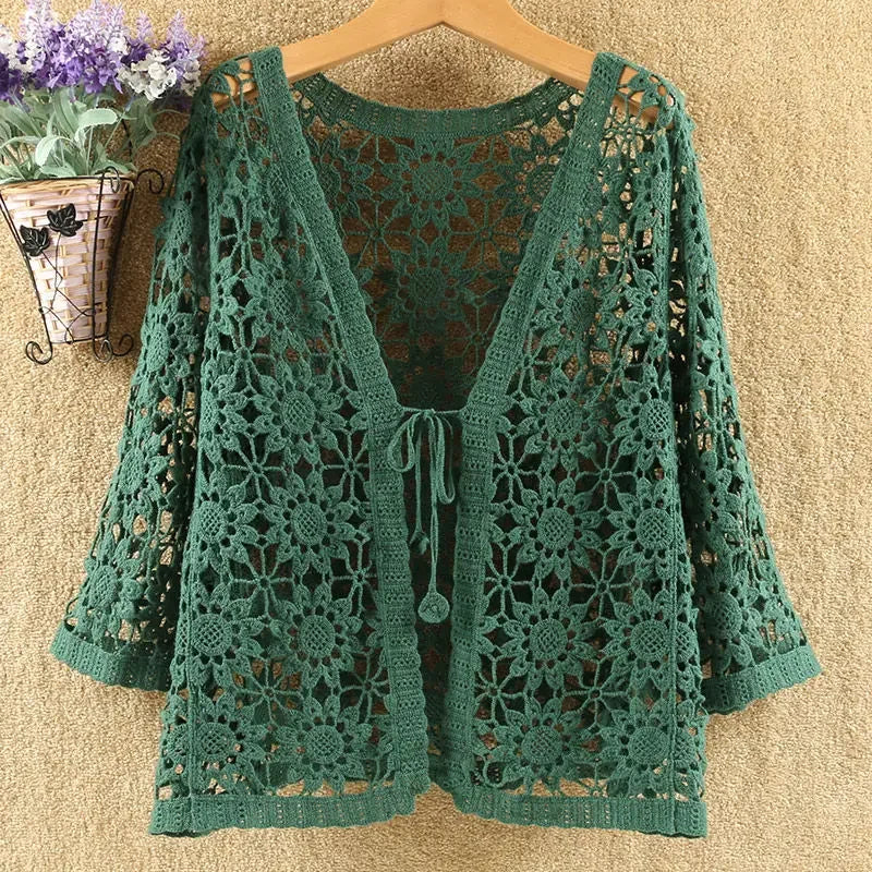 Sexy Hollow Lace Sunscreen Cardigan Sweater Women Wide Loose Air Conditioning Knitted Sweater Thin Section Female Spring Autumn  Amaijoin