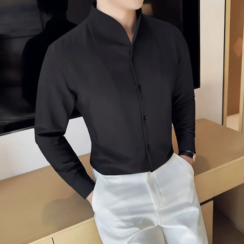 Sexy V-neck Shirt Men's Long Sleeved Casual Shirts Collarless Seamless Business Dress Shirt Social Party Tuxedo Blouse M-4XL  Amaijoin