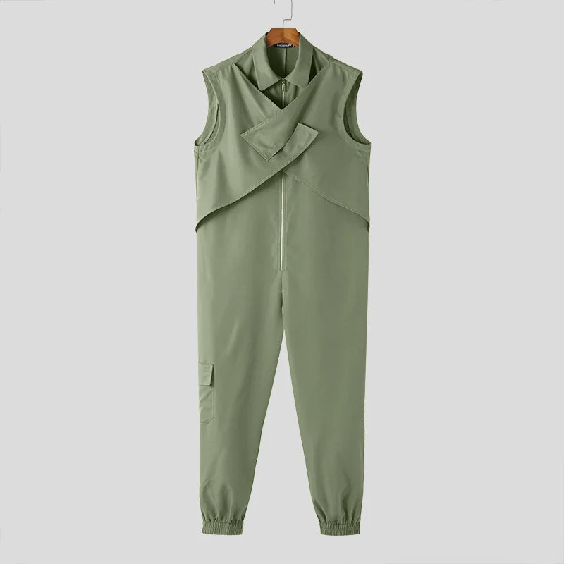 2024 Men Jumpsuits Solid Color Lapel Sleeveless Zipper Streetwear Casual Male Rompers Loose Fashion Cargo Overalls S-5XL INCERUN  Amaijoin