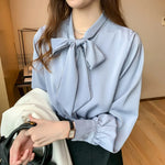 Load image into Gallery viewer, 2023 Spring Loose Korean Tops Fashion Autumn Chiffon Blouse Bow Blue Long Sleeve Shirt White Office Lady Clothes Blusas 10691  Amaijoin
