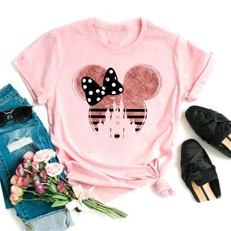 New T-shirts for Women Fashion Heart Minnie Print T Shirt Streetwear Clothes Kawaii Mickey Mouse Disney T Shirt Female Tops  Amaijoin