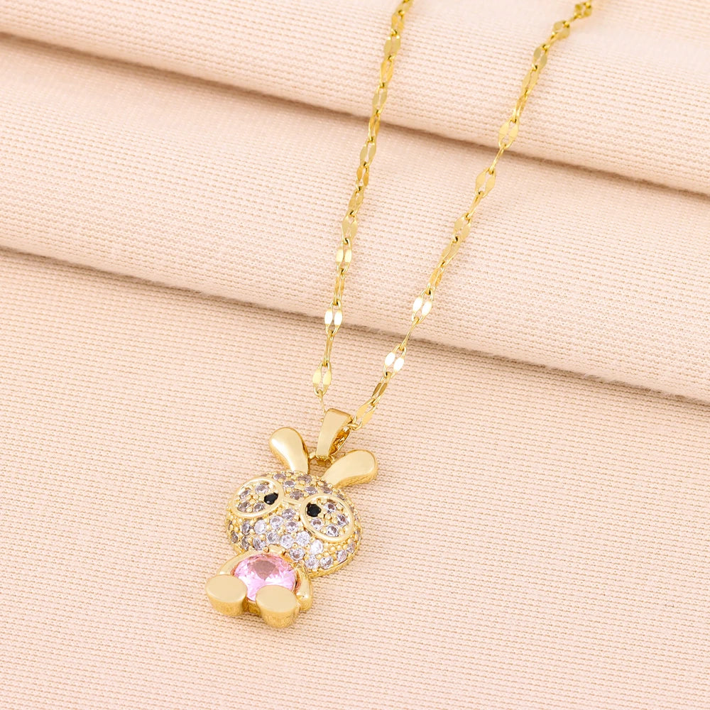 New In Sparkling Sweet Sexy Zircon Crystal Rabbit Pendant Necklaces For Women Trendy Ladies Stainless Steel Neck Chain Jewelry  Amaijoin