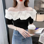 Load image into Gallery viewer, Off Shoulder Top Sexy Exposed Clavicle Ruffled Short Sleeve T-shirt Female Summer Chic Elegant Blouses Niche Fairy Kawaii Tops  Amaijoin
