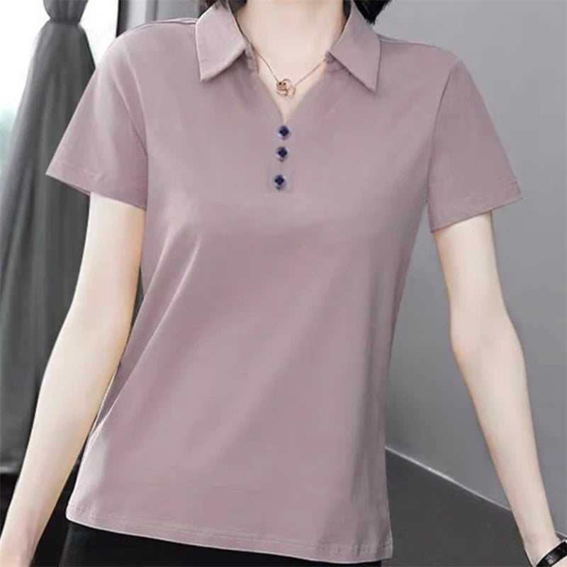 Women Simple Casual Half Zipper Tees Solid Loose Polo Collar T-shirt 2024 Summer Korean Short Sleeve Pullover Tops Ropa De Mujer  Amaijoin