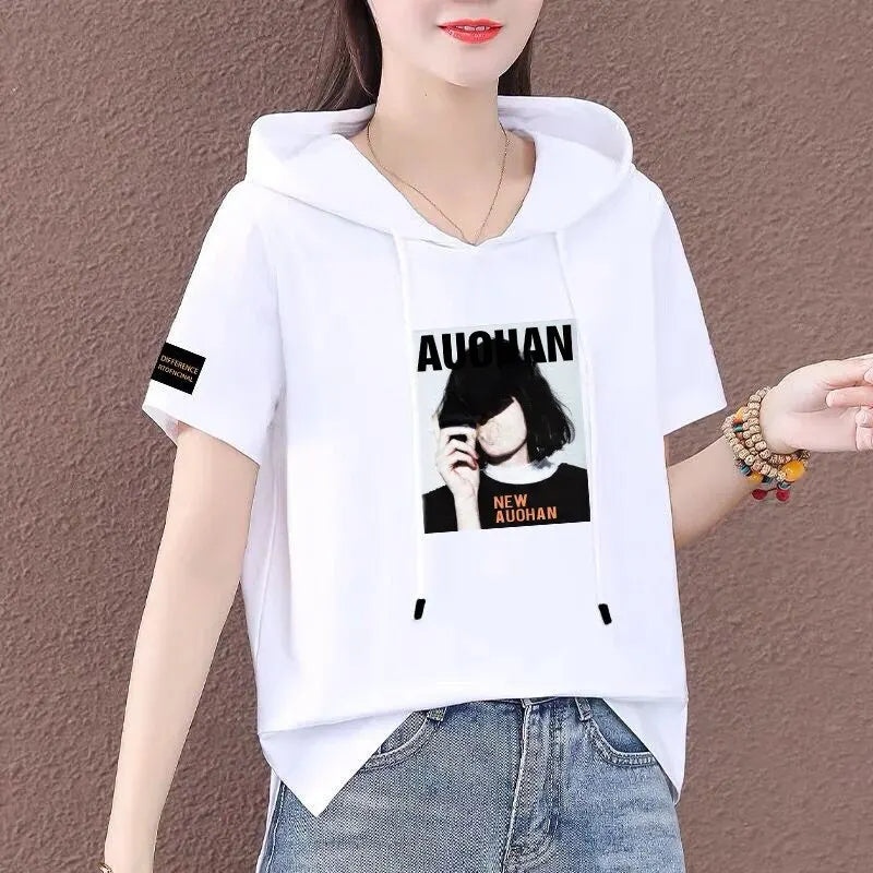 Short Sleeve Summer Thin White T-shirt Women Casual Fashion Top Loose Style Polyester Fabric Cartoon Design  Amaijoin