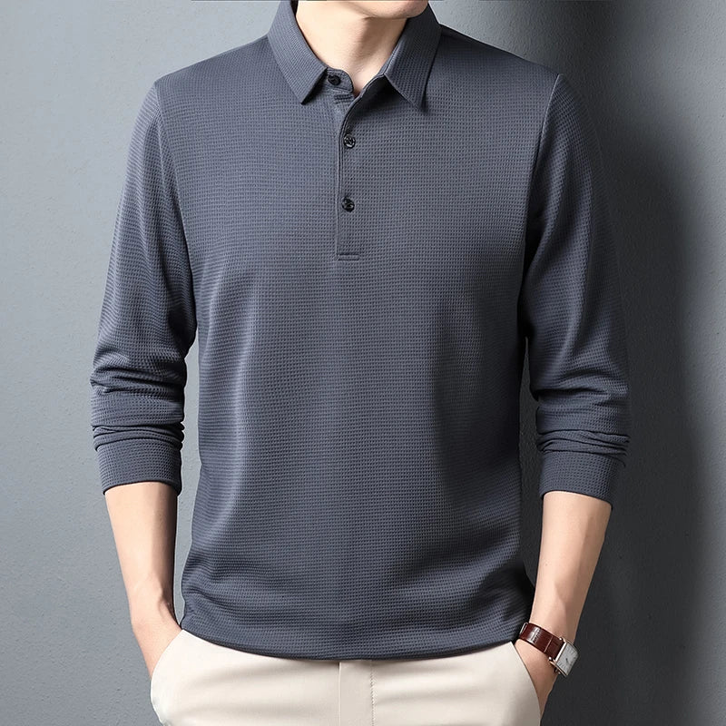 Men's Business Casual Polo Long Sleeve T-shirt Summer Comfortable  Solid Cotton Top  Amaijoin