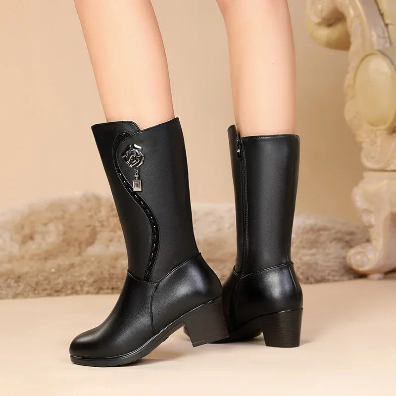 Winter Boots Genuine Leather Female Boots High-heeled Boots Warm Snow Boots Fashion Non-slip Thick-soled Boots Bota Feminina  Amaijoin