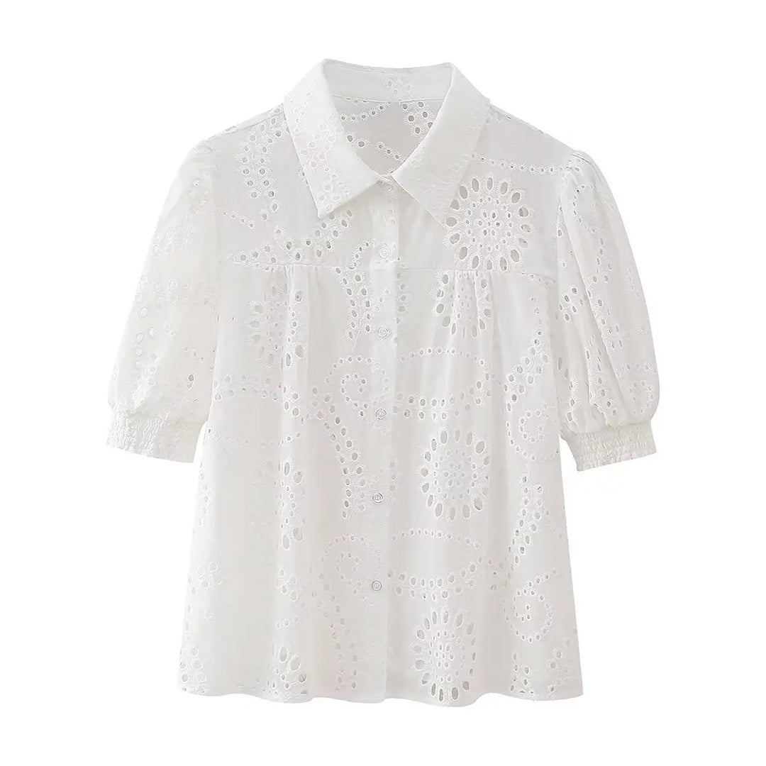 Zevity New Women Fashion Puff Sleeve Hollow Out Embroidery White Smock Blouse Female Chic Business Shirt Blusas Tops LS20249  Amaijoin