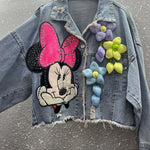 Load image into Gallery viewer, 2024 New Women Coat Cartoon Sticker Embroidered Sequin Short Denim Jacket Loose Bowknot Top  Amaijoin
