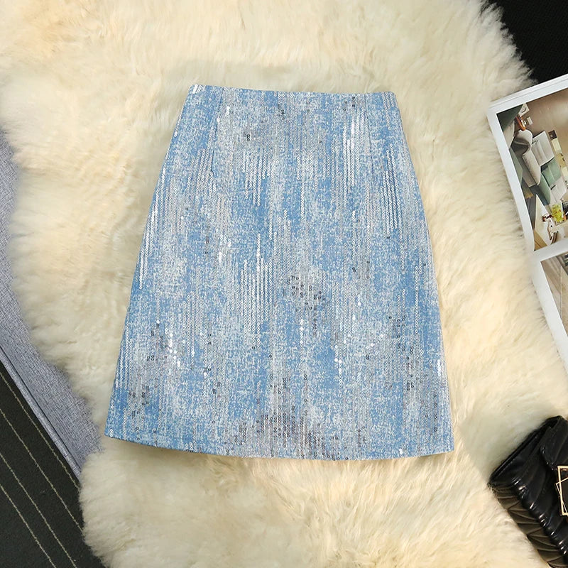 Seoulish Sequined Denim Women's A-line Skirt Fashionable 2024 New Summer Spring High Waist Slim Casual Wrap Mini Skirts Female  Amaijoin