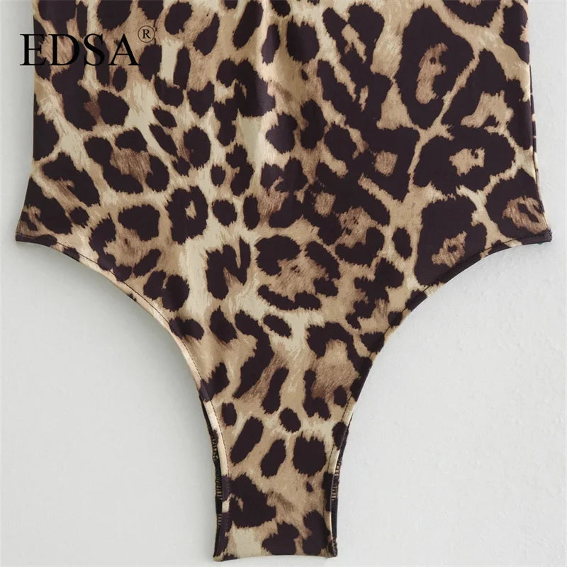 EDSA Women Leopard Print Halter Swimsuit 2024 Summer Sexy Backless Sleeveless Bodysuits Swimwear Female Tops  Amaijoin