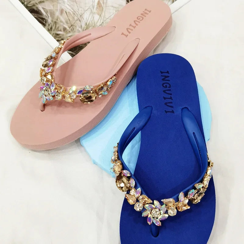 Slippers Women Glitter Flip Flops  Summer 2023 Fashion Outdoor Rhinestone Chain Wedge Beach Slippers Jelly Hawaiian Flat Sandals  Amaijoin