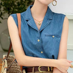 Load image into Gallery viewer, Vintage Denim Vest Women Summer Cuban Collar Sleeveless Shirt Loose Casual French Style Chic Pocket Blouse Outerwear Top  Amaijoin
