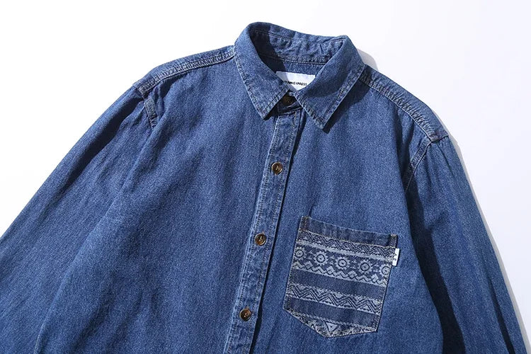 Men Japanese Harajuku Streetwear Fashion Loose Casual Long Sleeve Denim Shirt Male Vintage Jeans Shirt Cityboy Blouse  Amaijoin