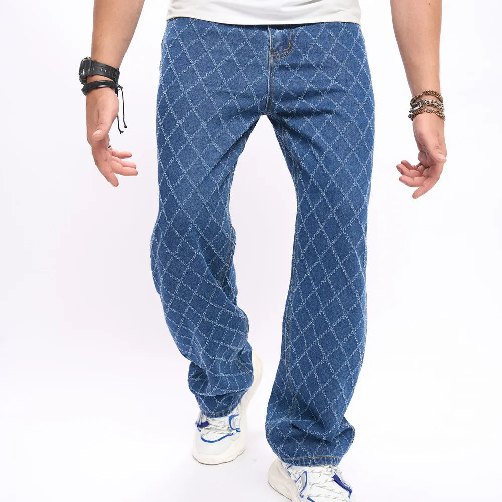 2023 Men Stylish Plaid Loose Straight Jeans Trousers Male High Quality Casual Denim Pants  Amaijoin