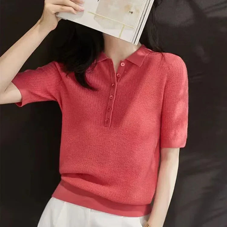 Women's Polo Shirts Knitted Plain Button T-shirts Pink Clothing Trend 2024 Basic Pulovers Short Female Tee Sleeve Pretty Summer  Amaijoin