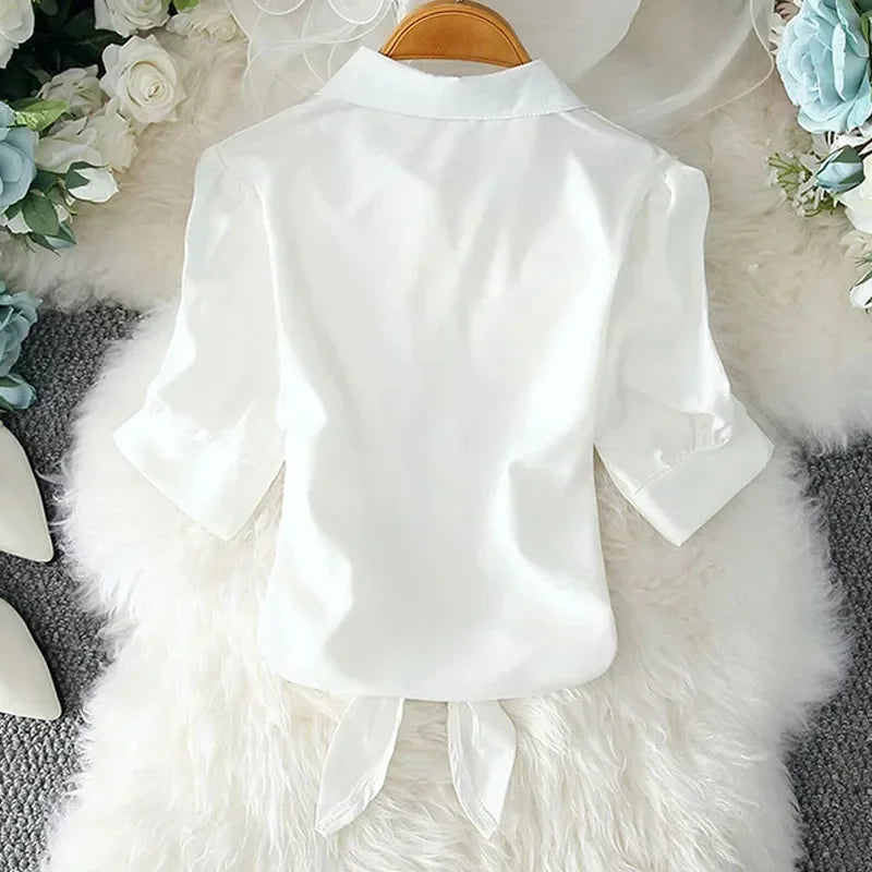 New Summer Casual Women's Shirt 2024 Shawl White Buttoned Up Blouse Women Cotton Woman Tops Elegant Lady Tunics Clothes 19870  Amaijoin