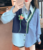 Load image into Gallery viewer, Splices Fake Two Pieces Women&#39;s Shirt Vintage Loose Chic Shirts And Blouses Female Tops Spring Turn Down Collar Shirt  Amaijoin
