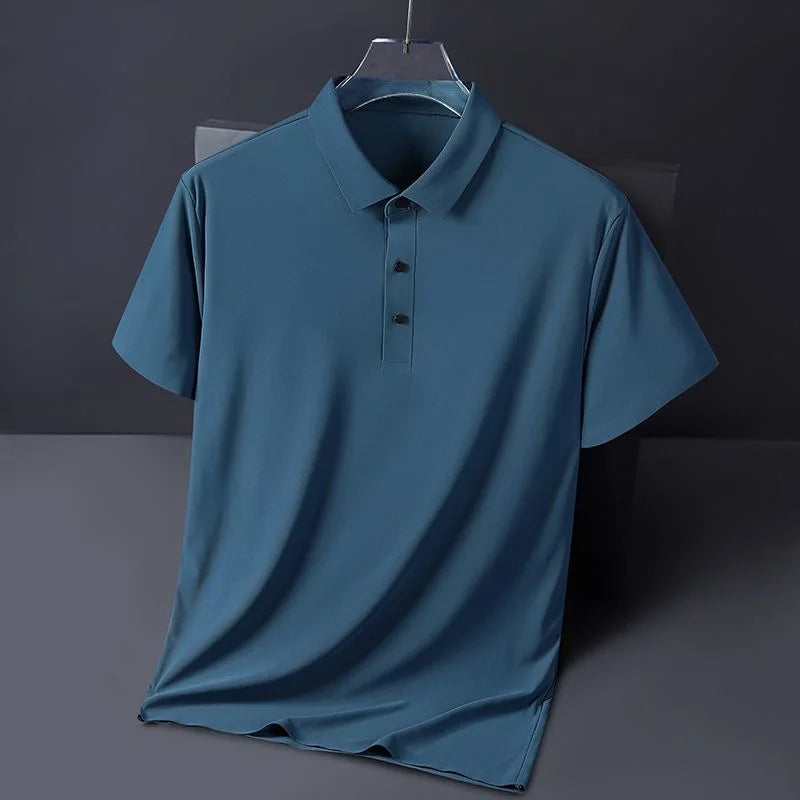 High quality wrinkle resistant ice silk short sleeve t-shirt men's summer Lapel loose casual solid color top high-end polo men  Amaijoin