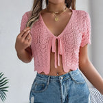 Load image into Gallery viewer, Spring Summer Solid Hollow Short Sleeve Lace up Knitwear Women Vacation Cardigan  Amaijoin
