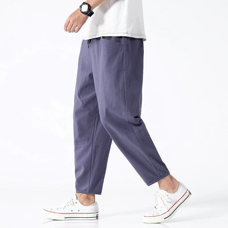 100% Cotton Summer Casual Pants Man Trendy Japanese Cropped Pants Loose Pants Men 5xl  Amaijoin