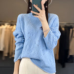 Load image into Gallery viewer, 100% Australian Wool Sweater Solid Color Knitted Hollow Half High Collar Women&#39;s Pullover Sweater Slim Fit Exquisite Thin Style  Amaijoin
