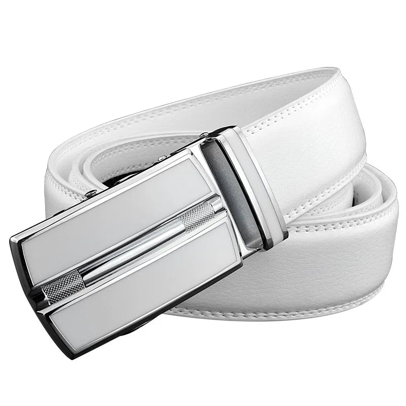 Elegant White Color Men Women Unisex Leather Belt Genuine Leather Automatic Buckle 3.5cm Width Men Waist Straps for Jeans  Amaijoin