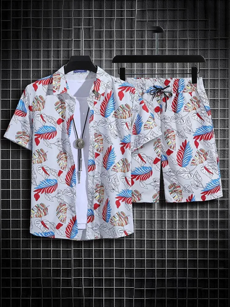 Men's Short-Sleeved Shirt and Shorts Set Seaside Casual Short-Sleeved Shirt Summer Outdoor Street Shorts 3D Printed Men's Set  Amaijoin