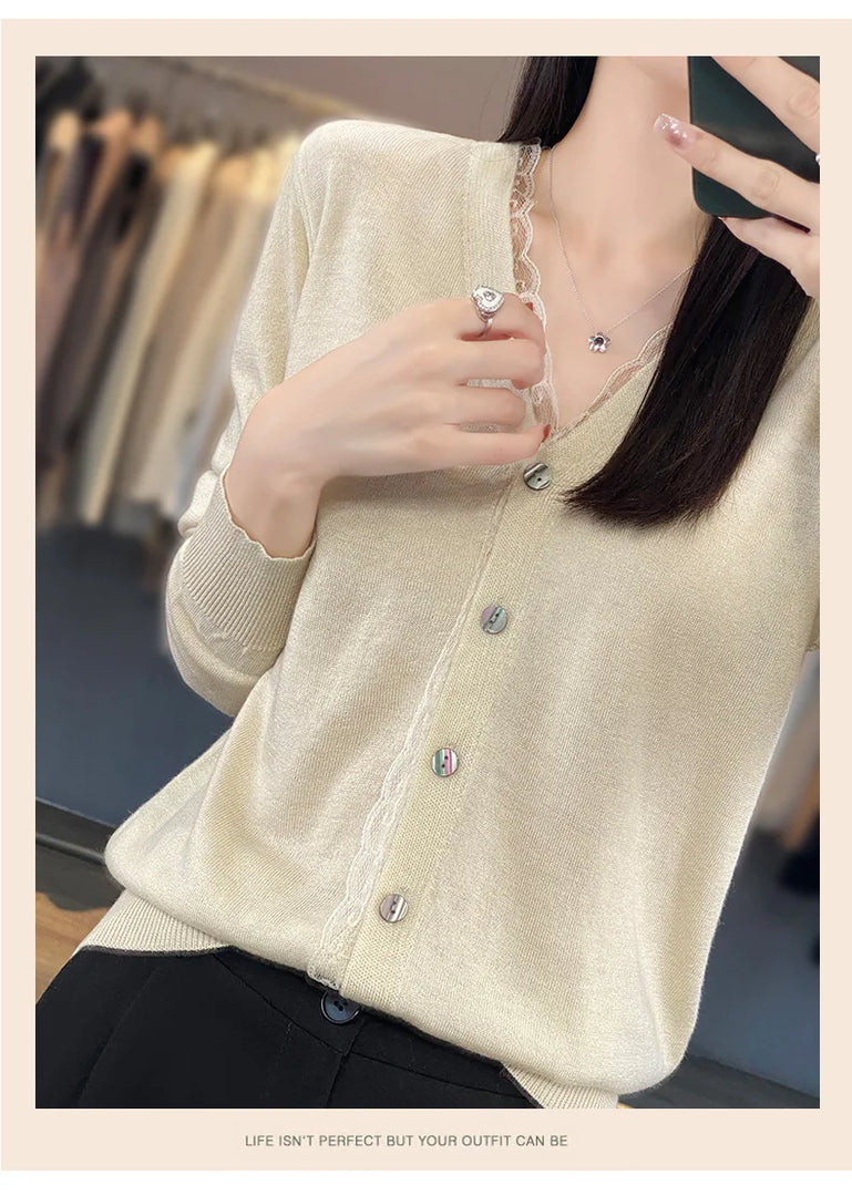 2023 Spring and Summer Cashmere Cardigans Women  V-neck Knitted Sweater Fashion Knitwear Solid Cashmere Cardigans Women's  Amaijoin