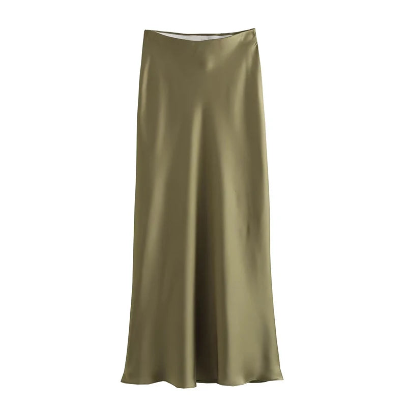 TRAF Satin Midi Skirt Woman High Waist Long Skirts For Women New Fashion 2023 Autumn Casual Elegant Party Women's Skirts  Amaijoin