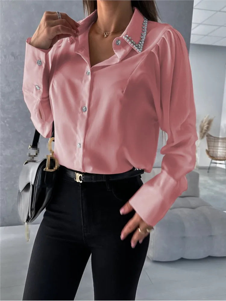 Elegant Office Shirt For Women 2024 Spring Summer Fashion Diamond-encrusted Neck Long Sleeve White Loose Blouses And Tops Female  Amaijoin