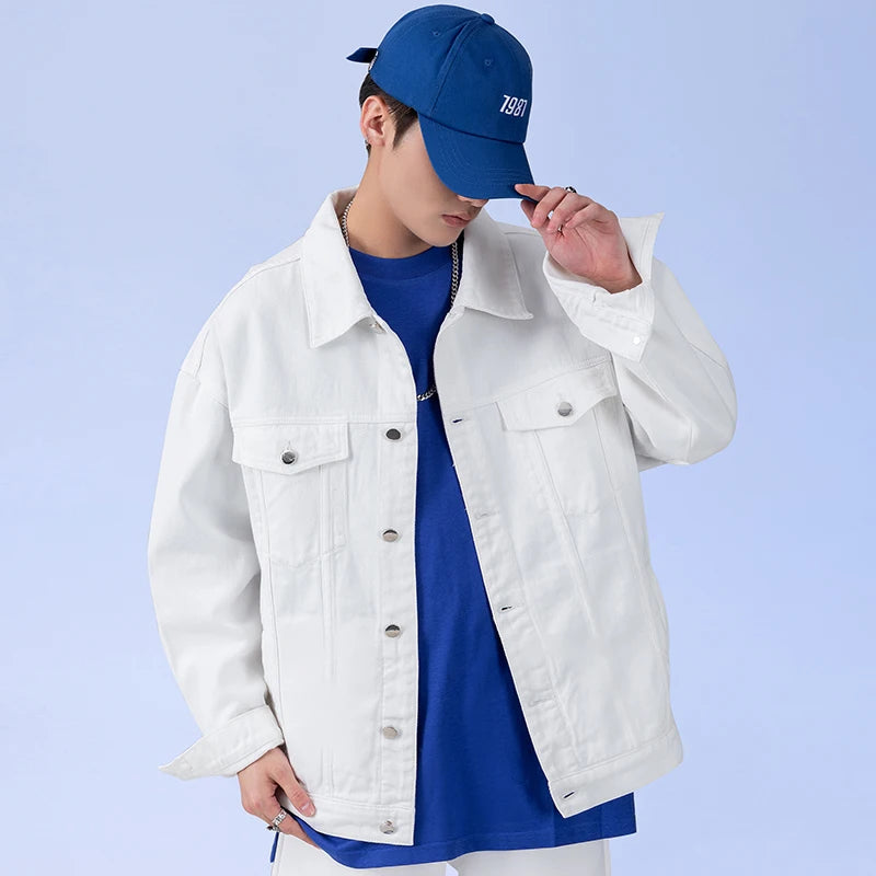 2022 Autumn New Men Oversize White Denim Jacket Streetwear Cotton Casual All-match High Quality Jean Coats Male Blue Green Black  Amaijoin