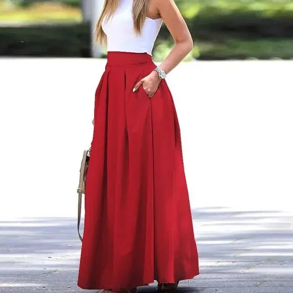 2022 European American Trade Wish Cross-border Solid Color High-waisted Skirt Long Dress Pleats  Amaijoin