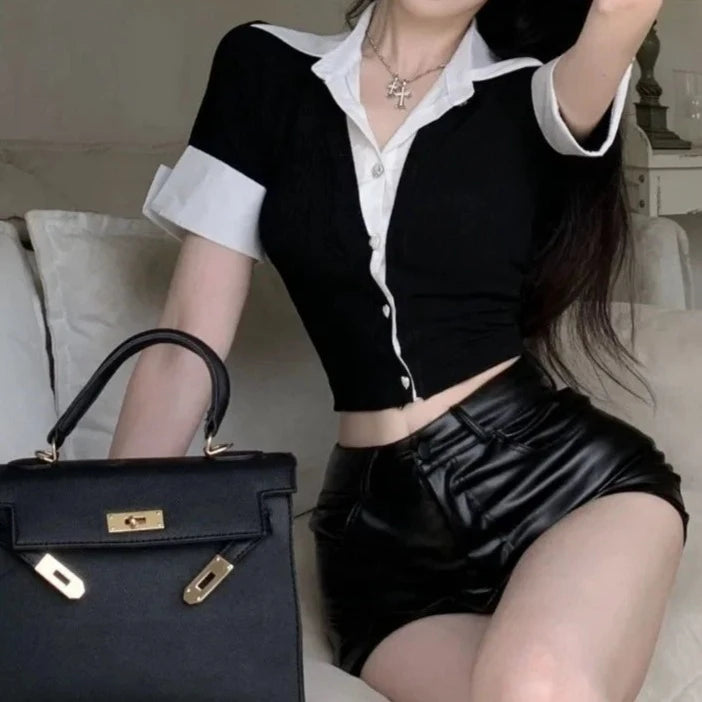 Top Female Sexy Crop Tee Button Slim Women's Polo Fashion 2024 High Quality T-shirts Basic Clothing Sales with Collar Pretty Y2k  Amaijoin