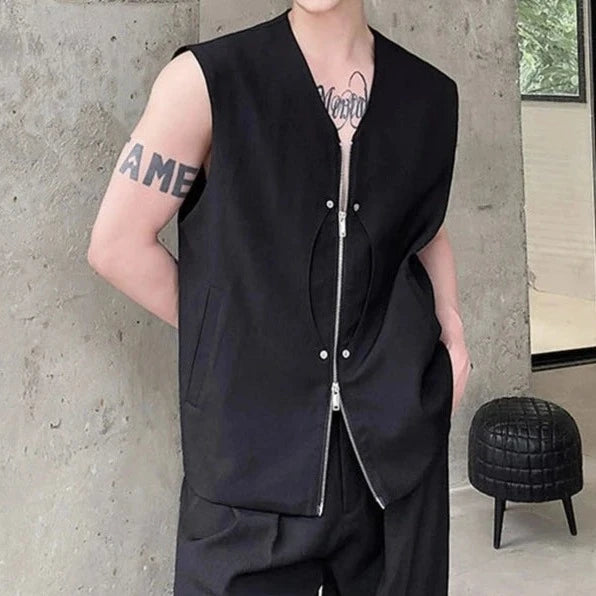 IEFB Men's Vest Solid Color Zipper Sleeveless V-neck Tank Top Casual Pocket Simple Style Male Clothing Fashion Summer 9C5459  Amaijoin