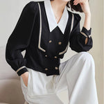 Load image into Gallery viewer, Black Double Breasted Elegant Patchwork Turn Down Collar Long-sleeve Top Shirt And Blouses Lady Trend 2024 Casual Woman Korean  Amaijoin
