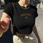 Load image into Gallery viewer, Summer Black Sexy Women&#39;s T-shirt Clothese Short Sleeve Casual Crop Top Letter Embroidery T Shirt Female O-Neck Cropped Tops  Amaijoin
