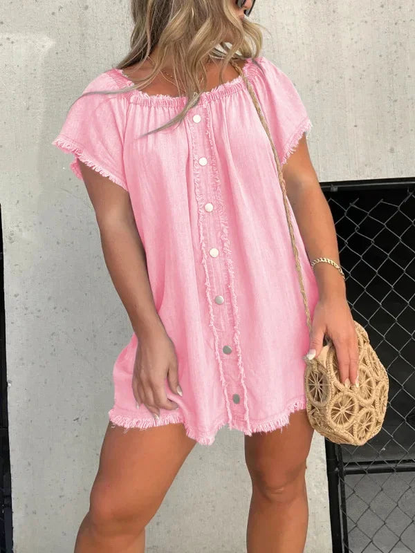 Fashion Waist Solid Party Dress Summer Sexy Off Shoulder Tassel Denim Dress Lady Slash-neck Short Sleeve Flim Jean Mini Dress  Amaijoin