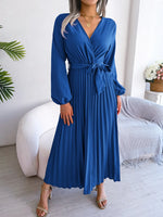 Load image into Gallery viewer, Women Elegant V Neck Long Sleeve Pleated Maxi Dress  Amaijoin
