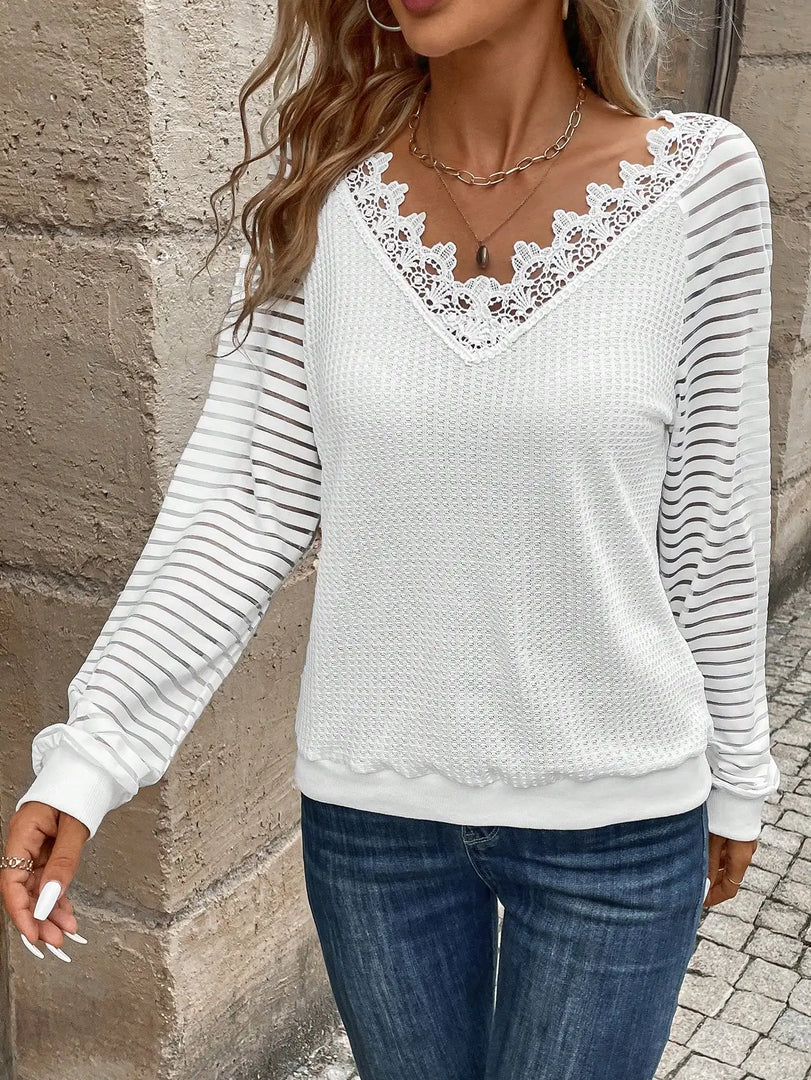 2024 new sleeve neckline hollow design pure white long sleeve V -neck T -shirt women  Amaijoin