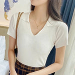 Load image into Gallery viewer, Ice Silk Ribbed POLO Short Sleeve T-Shirt Chic Red Slim Urbane Casual Design Aesthetic Beautiful Woman Blouse Summer Clothing  Amaijoin
