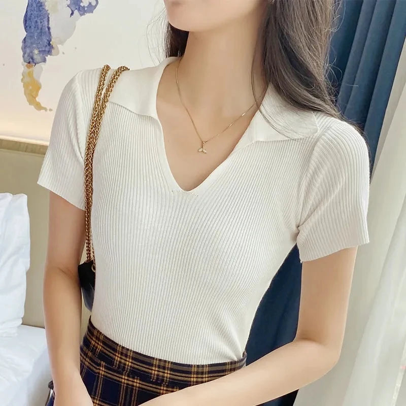 Ice Silk Ribbed POLO Short Sleeve T-Shirt Chic Red Slim Urbane Casual Design Aesthetic Beautiful Woman Blouse Summer Clothing  Amaijoin