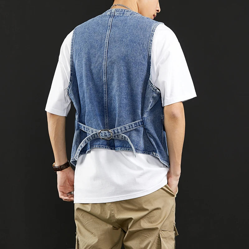 TFETTERS Summer New Denim Vest Men Japanese Casual Loose Washed Old Sleeveless Coat Fashion Solid Color Collarless Denim Jacket  Amaijoin