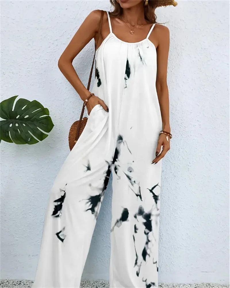 Spring and summer 2024 ladies digital printing color gradient sleeveless casual baggy jumpsuit  Amaijoin