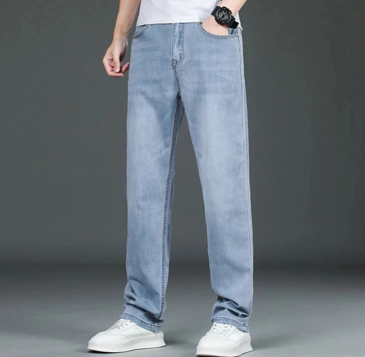 2024 Summer Men's Thin Jeans Loose Straight Business Casual Trousers Cotton Elastic Retro Washed Denim Pants Brand Clothes 40 42  Amaijoin